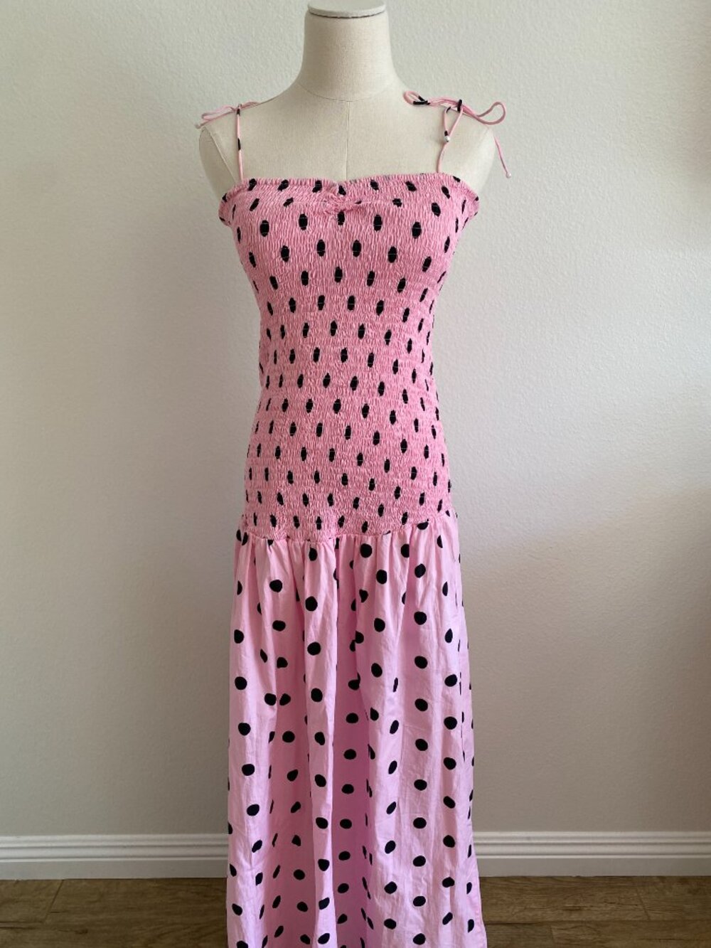 SWF Shirred Polka Dot Drop Hem Maxi Dress - L